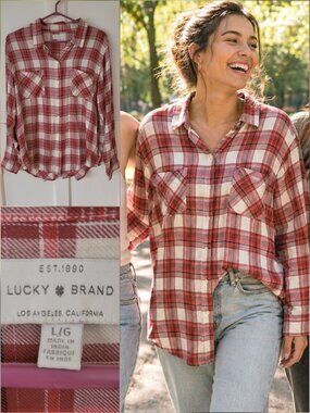 Lucky Brand Red White Plaid Shirt Large Lightweight Western Bo